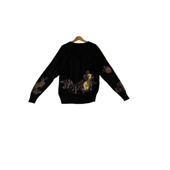 LIZI RUCH Musical Notes Violin Button Up Cardigan Sweater Womens M Black Vtg - Picture 4 of 16